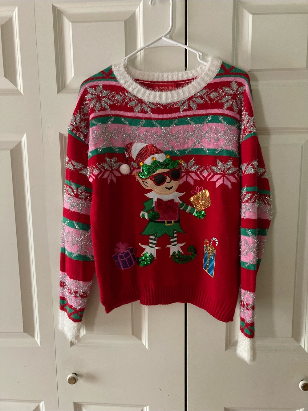 Blizzard Bay Christmas Sweater M red multi colored design Elf cute ugly sweater